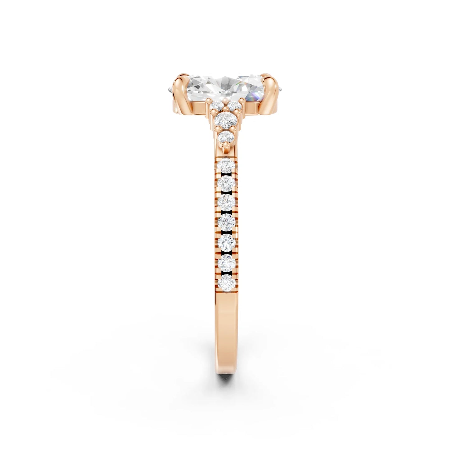 14K Gold Oval Cut Diamond Side Cluster Cathedral Engagement Ring with Side Accents