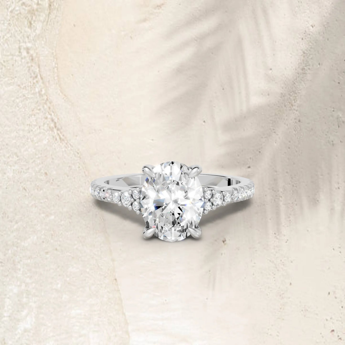 14K Gold Oval Cut Diamond Side Cluster Cathedral Engagement Ring with Side Accents