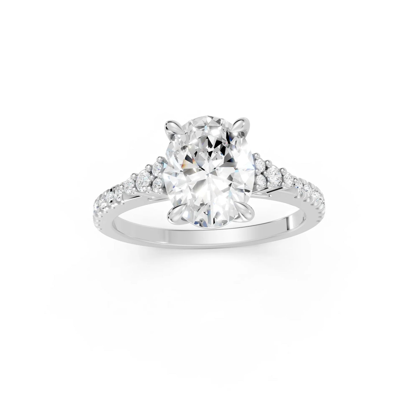 14K Gold Oval Cut Diamond Side Cluster Cathedral Engagement Ring with Side Accents