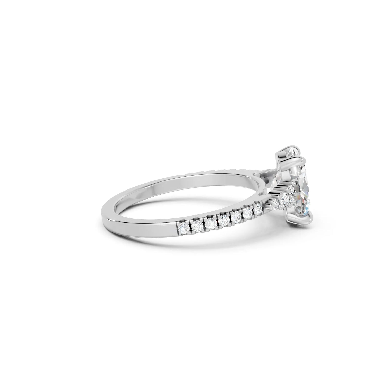14K Gold Oval Cut Diamond Side Cluster Cathedral Engagement Ring with Side Accents