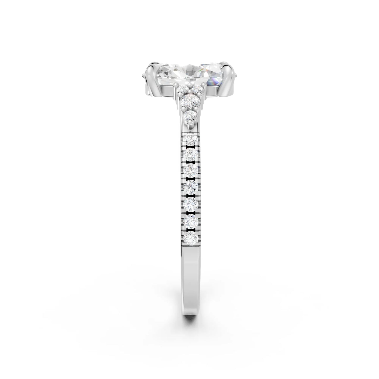 14K Gold Oval Cut Diamond Side Cluster Cathedral Engagement Ring with Side Accents