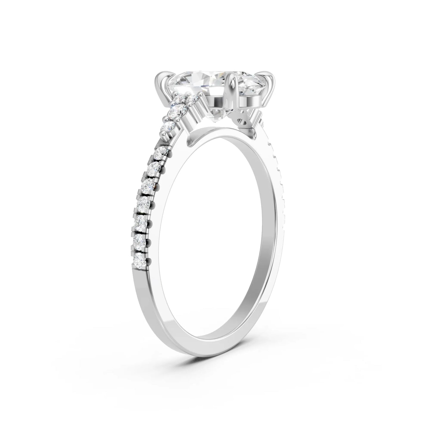 14K Gold Oval Cut Diamond Side Cluster Cathedral Engagement Ring with Side Accents