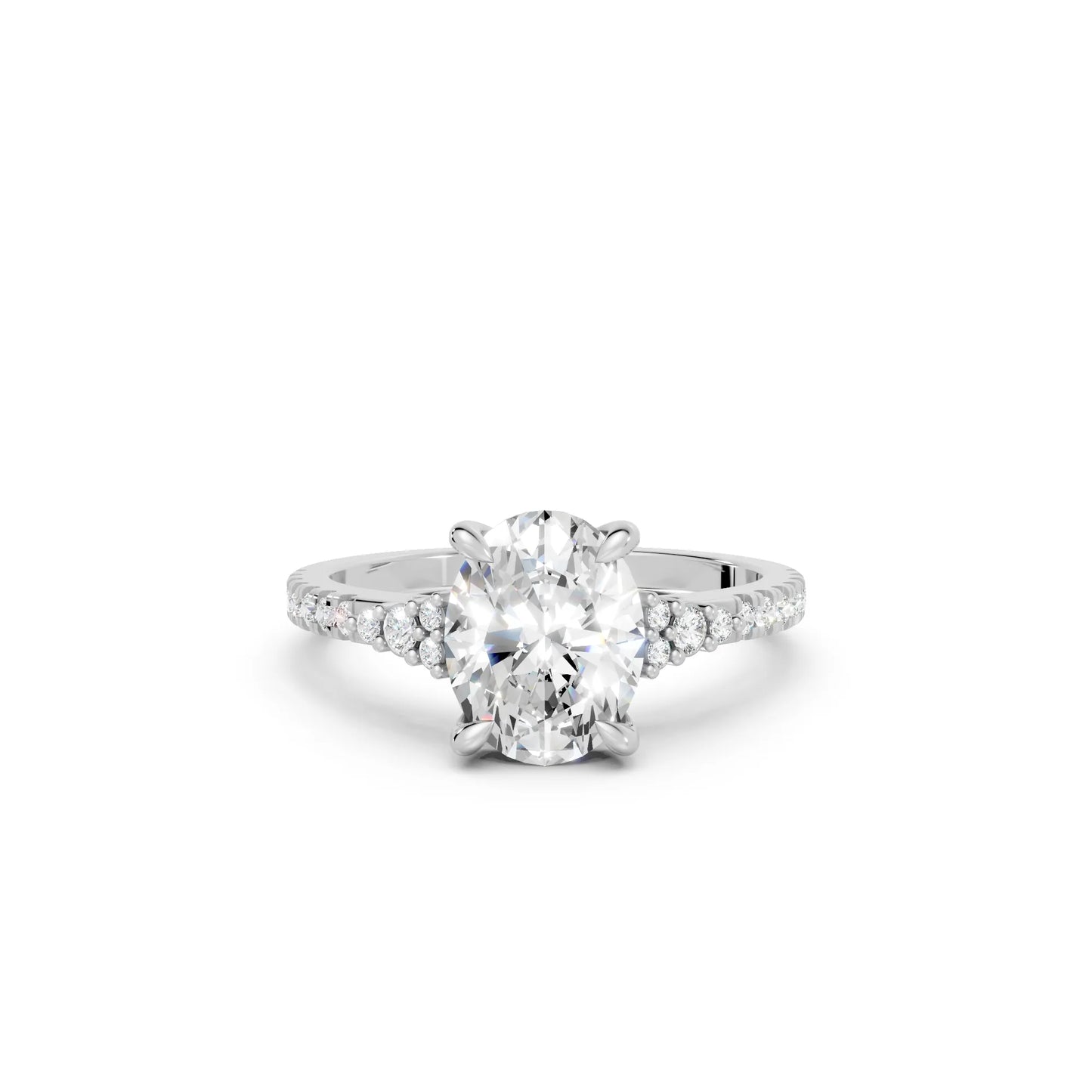 14K Gold Oval Cut Diamond Side Cluster Cathedral Engagement Ring with Side Accents
