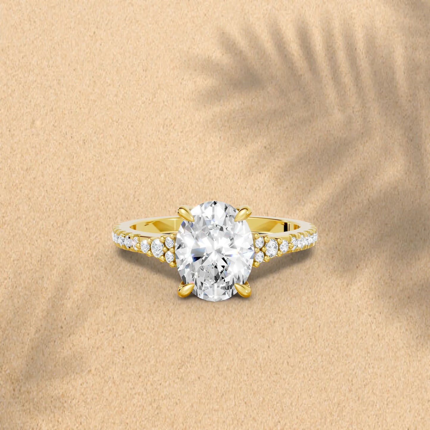 14K Gold Oval Cut Diamond Side Cluster Cathedral Engagement Ring with Side Accents
