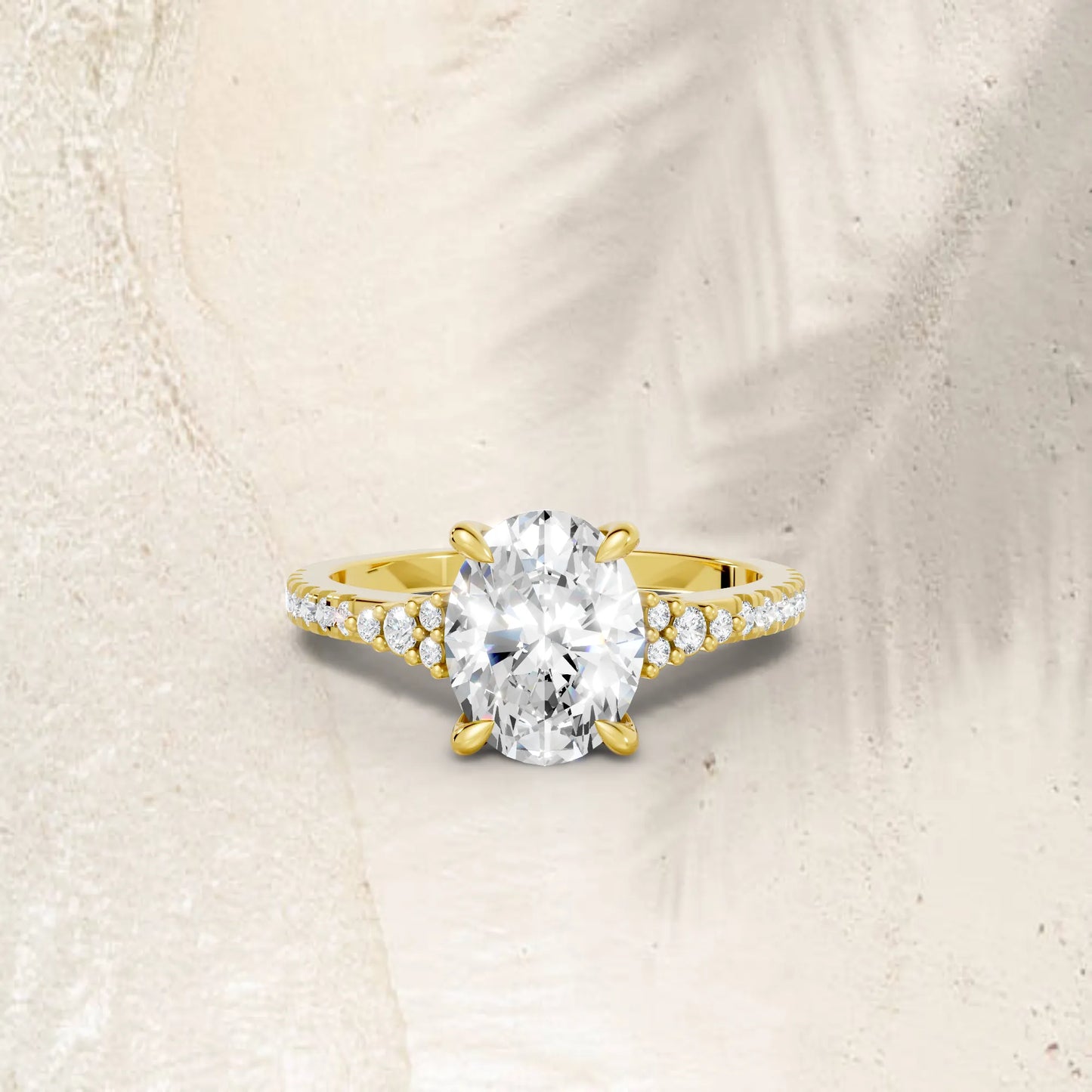 14K Gold Oval Cut Diamond Side Cluster Cathedral Engagement Ring with Side Accents