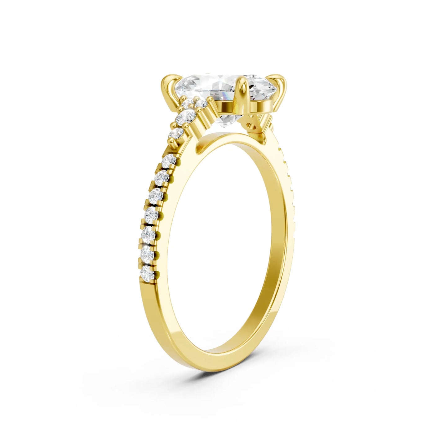 14K Gold Oval Cut Diamond Side Cluster Cathedral Engagement Ring with Side Accents