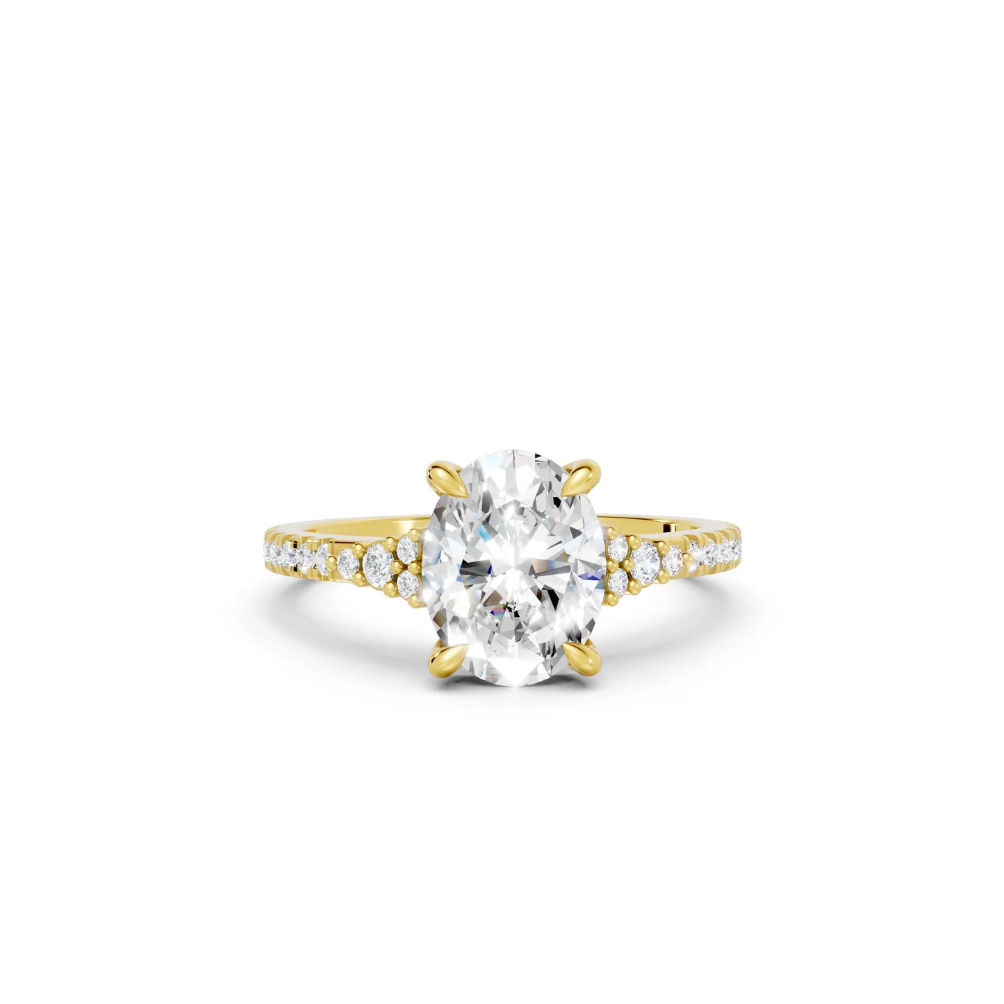14K Gold Oval Cut Diamond Side Cluster Cathedral Engagement Ring with Side Accents