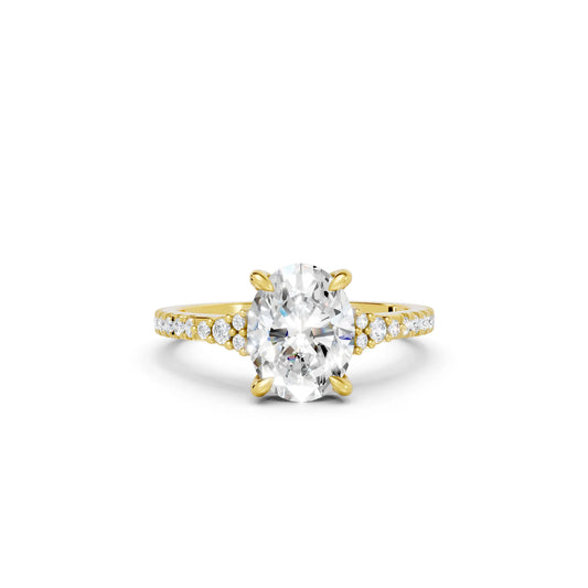 14K Gold Oval Cut Diamond Side Cluster Cathedral Engagement Ring with Side Accents