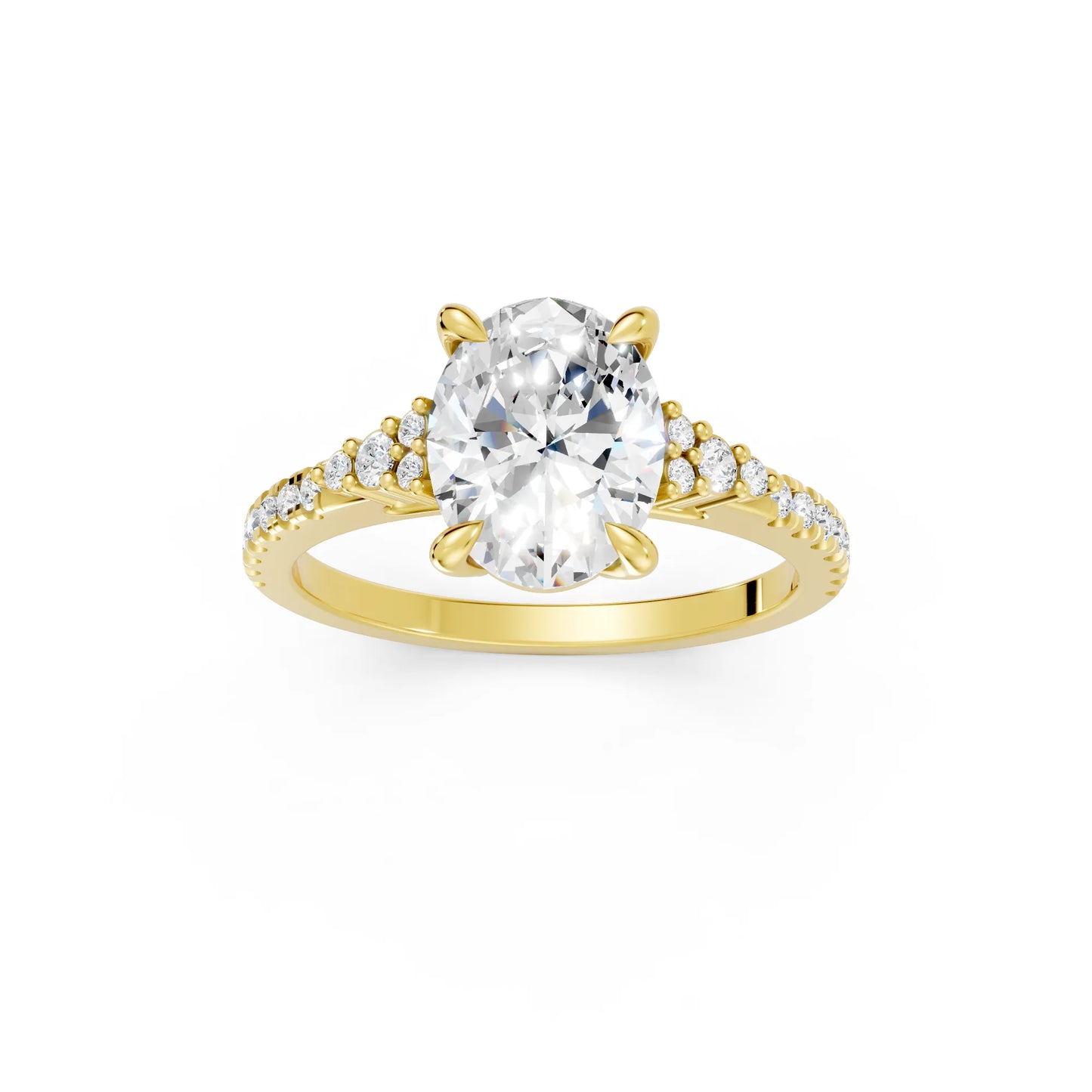 14K Gold Oval Cut Diamond Side Cluster Cathedral Engagement Ring with Side Accents