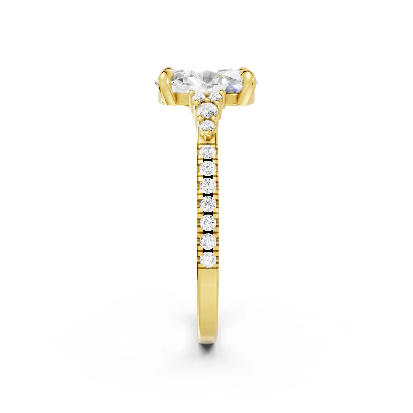 14K Gold Oval Cut Diamond Side Cluster Cathedral Engagement Ring with Side Accents