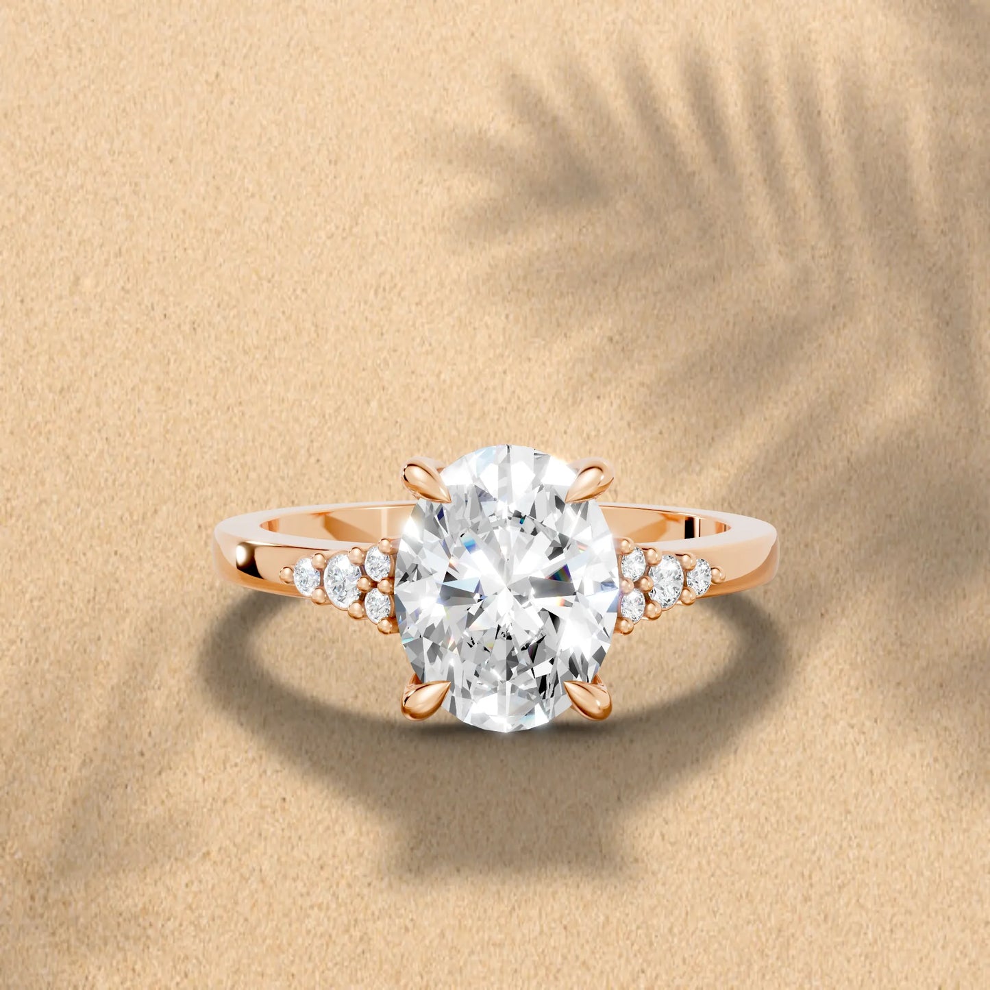 14K Gold Oval Cut Diamond Side Cluster Cathedral Engagement Ring