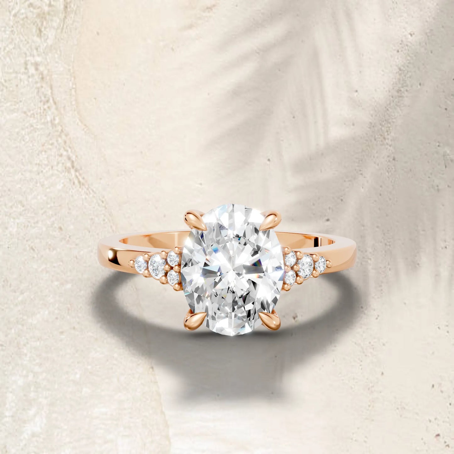 14K Gold Oval Cut Diamond Side Cluster Cathedral Engagement Ring