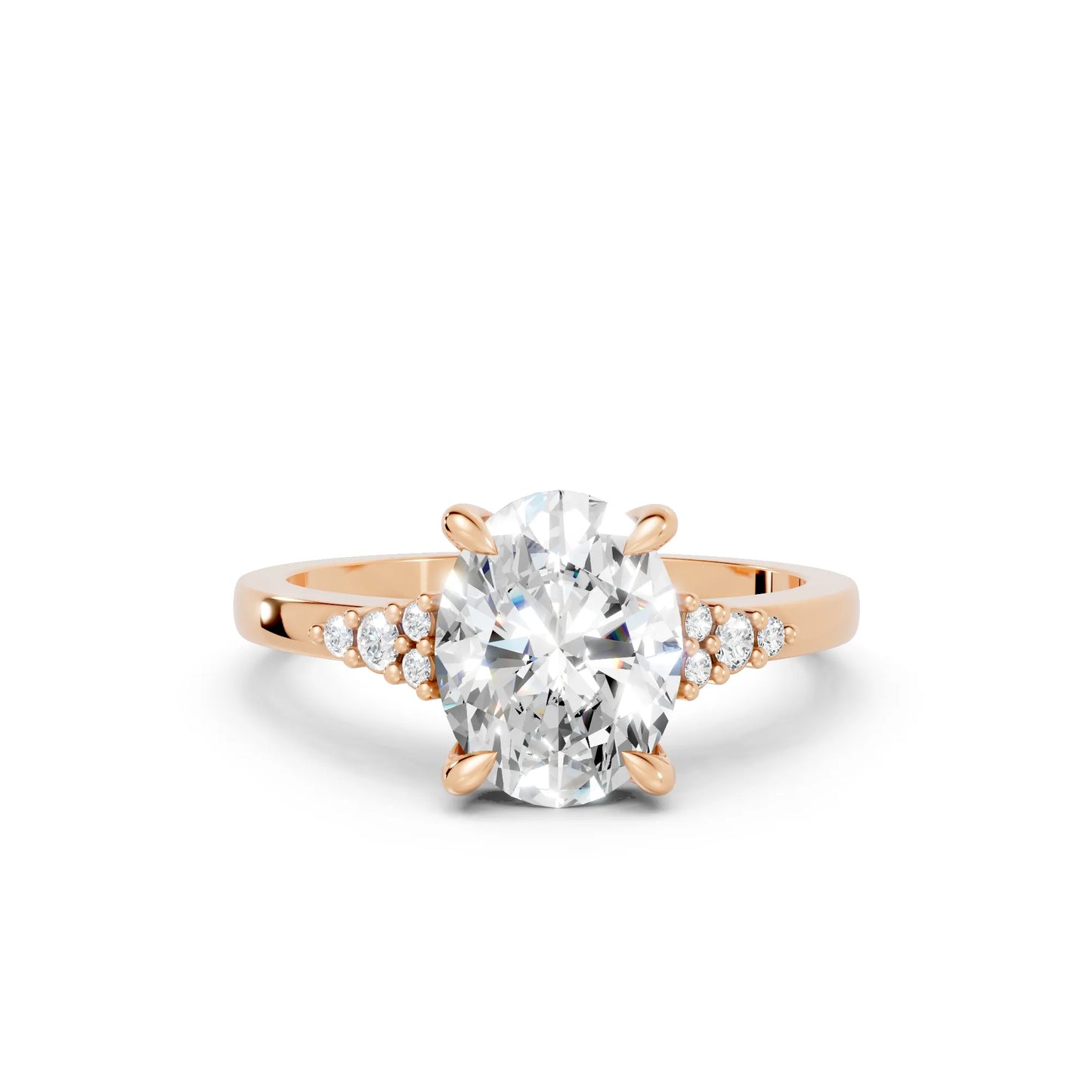 14K Gold Oval Cut Diamond Side Cluster Cathedral Engagement Ring