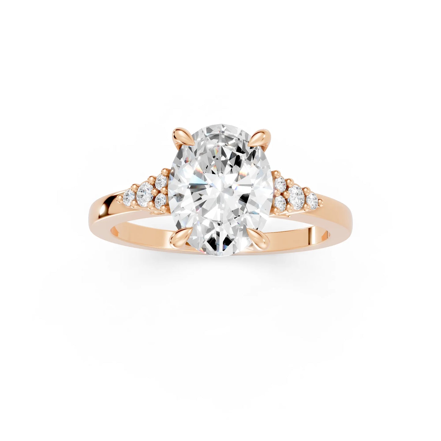 14K Gold Oval Cut Diamond Side Cluster Cathedral Engagement Ring