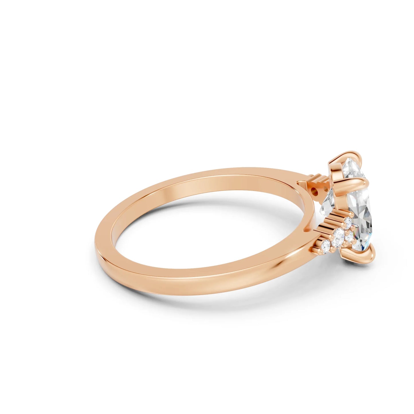 14K Gold Oval Cut Diamond Side Cluster Cathedral Engagement Ring