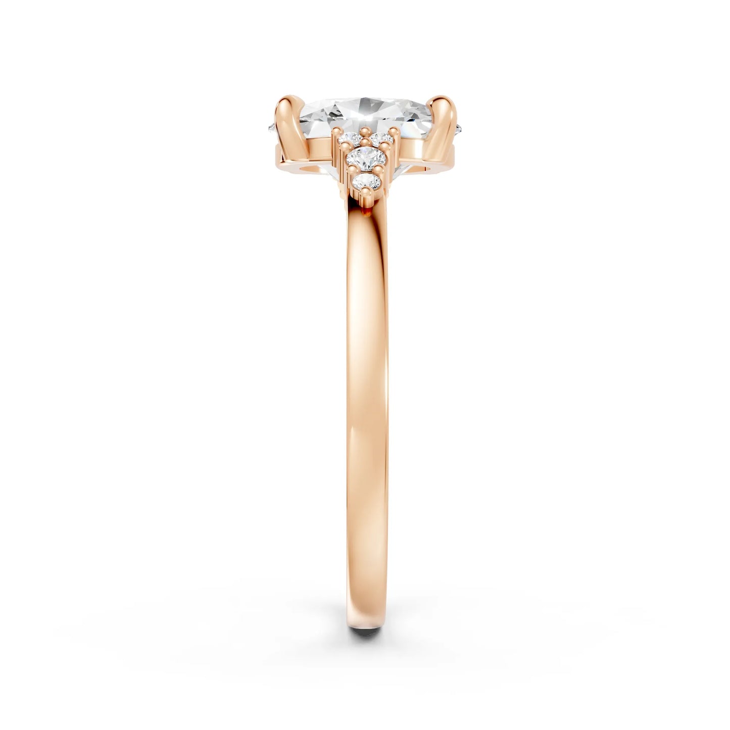 14K Gold Oval Cut Diamond Side Cluster Cathedral Engagement Ring