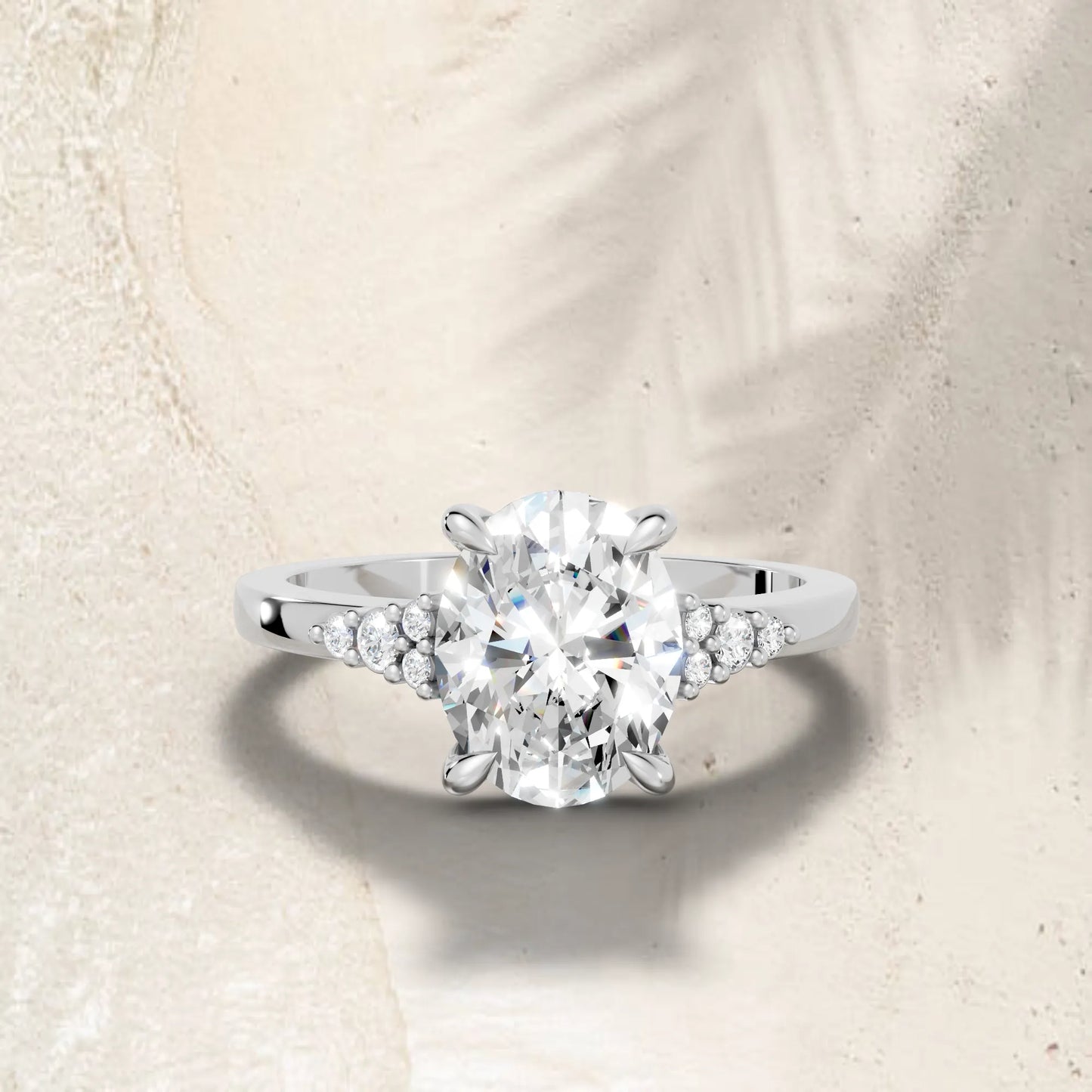 14K Gold Oval Cut Diamond Side Cluster Cathedral Engagement Ring