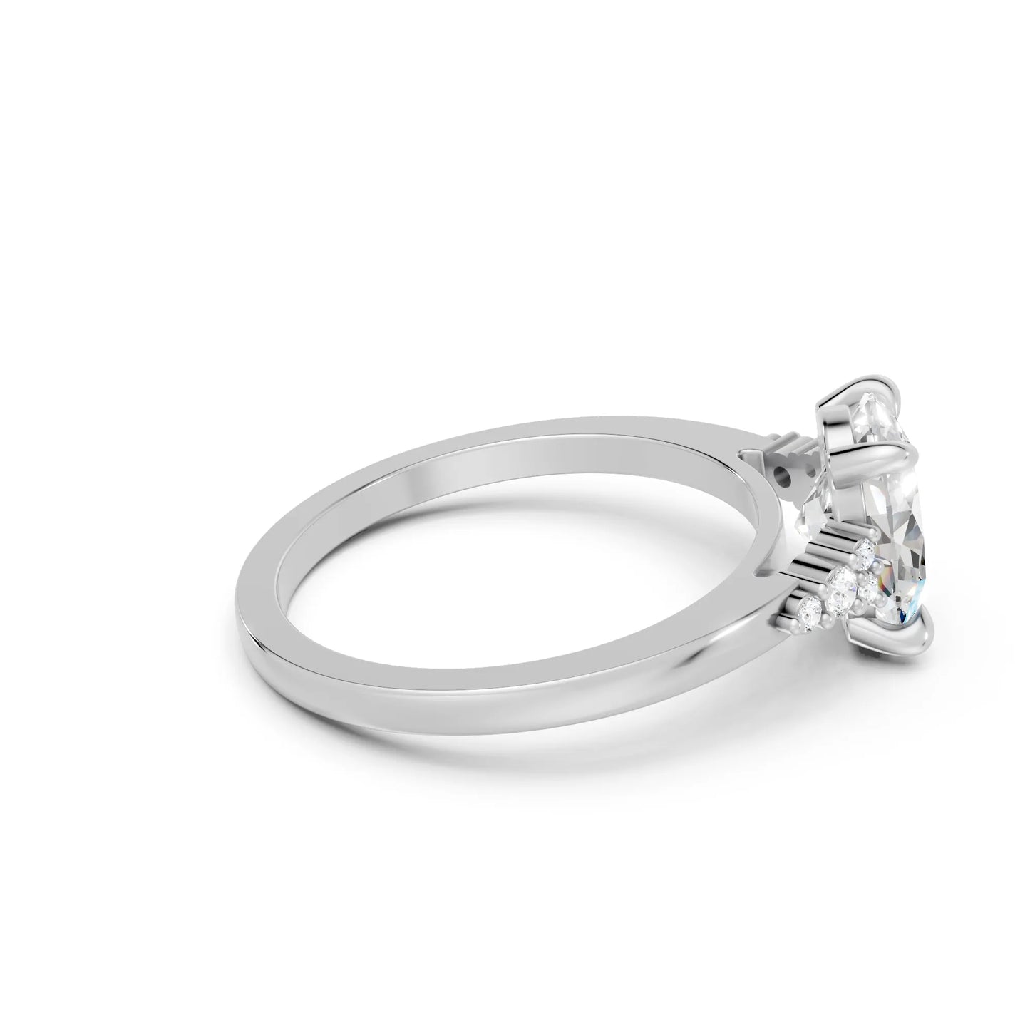 14K Gold Oval Cut Diamond Side Cluster Cathedral Engagement Ring