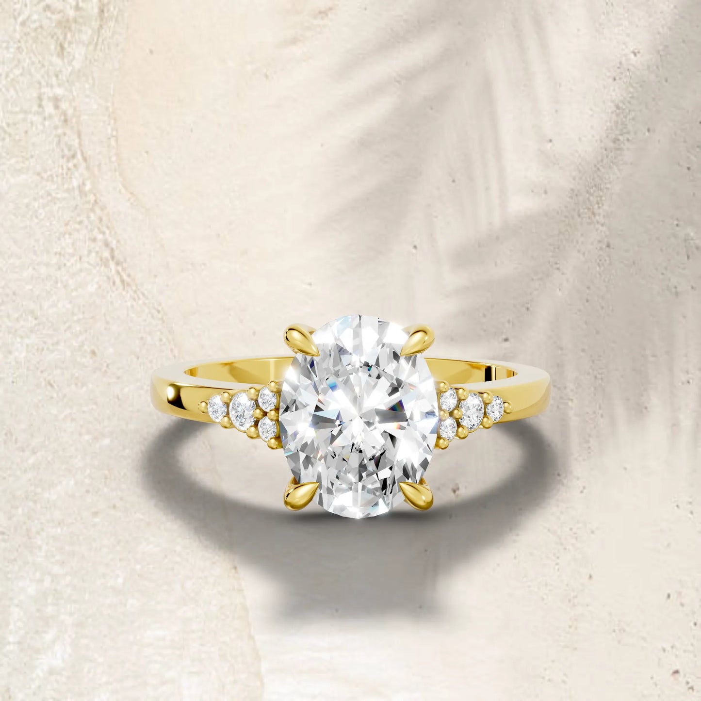 14K Gold Oval Cut Diamond Side Cluster Cathedral Engagement Ring