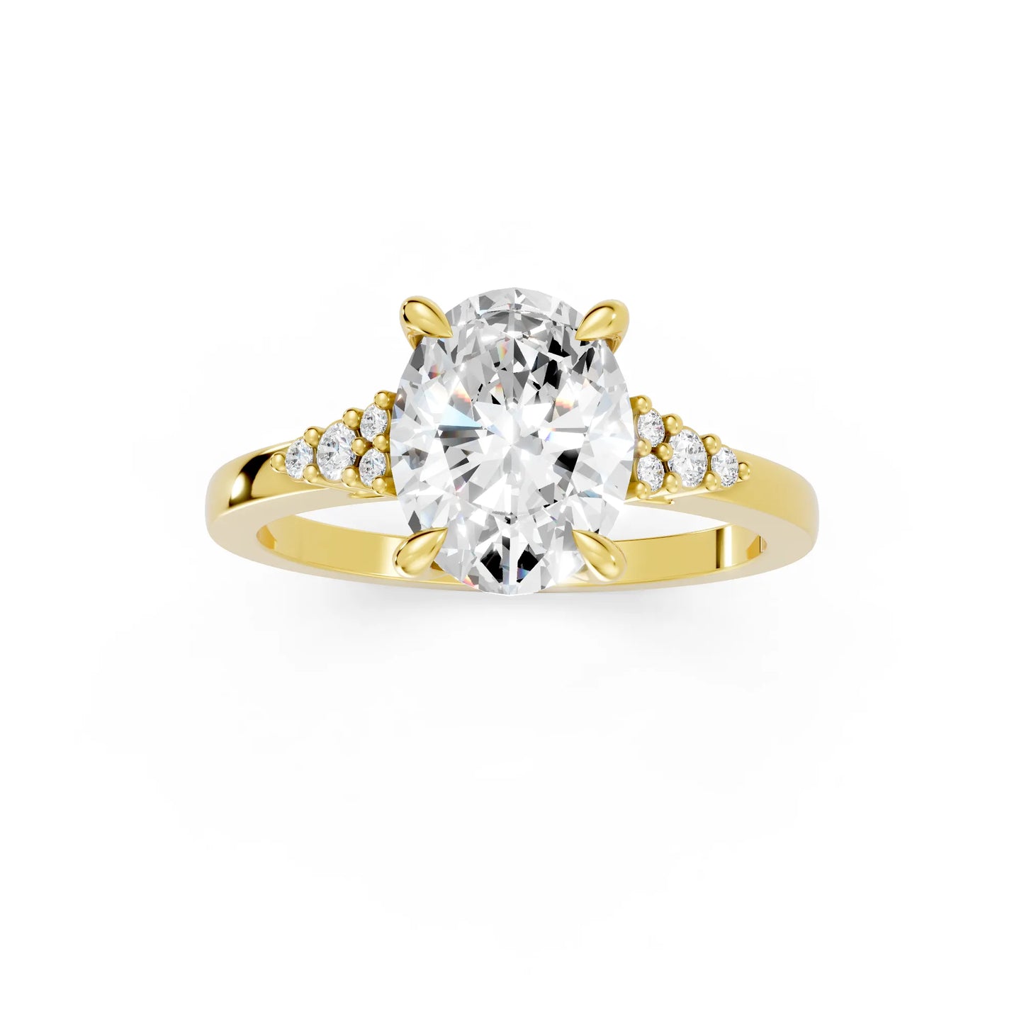 14K Gold Oval Cut Diamond Side Cluster Cathedral Engagement Ring