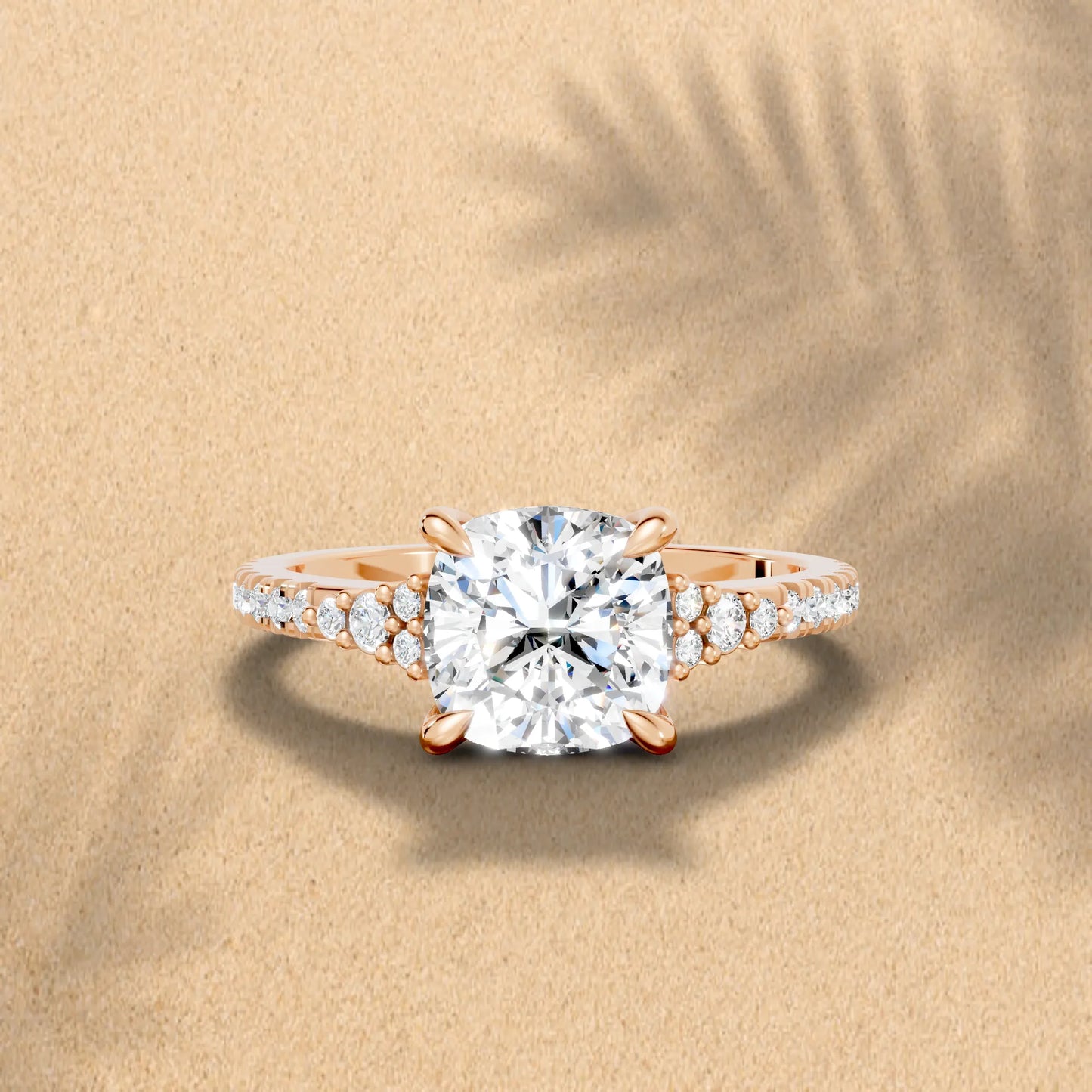 14K Gold Cushion Cut Diamond Side Cluster Cathedral Engagement Ring with Side Accents