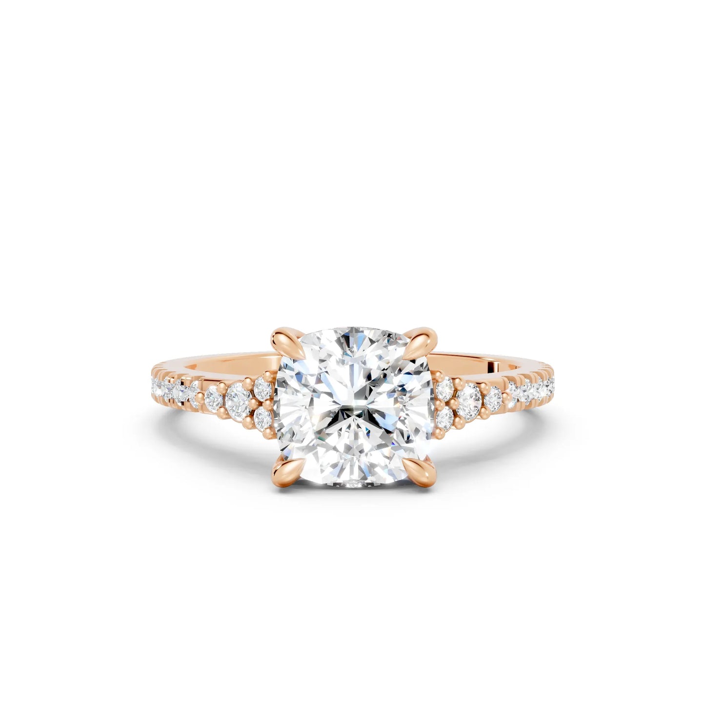 14K Gold Cushion Cut Diamond Side Cluster Cathedral Engagement Ring with Side Accents