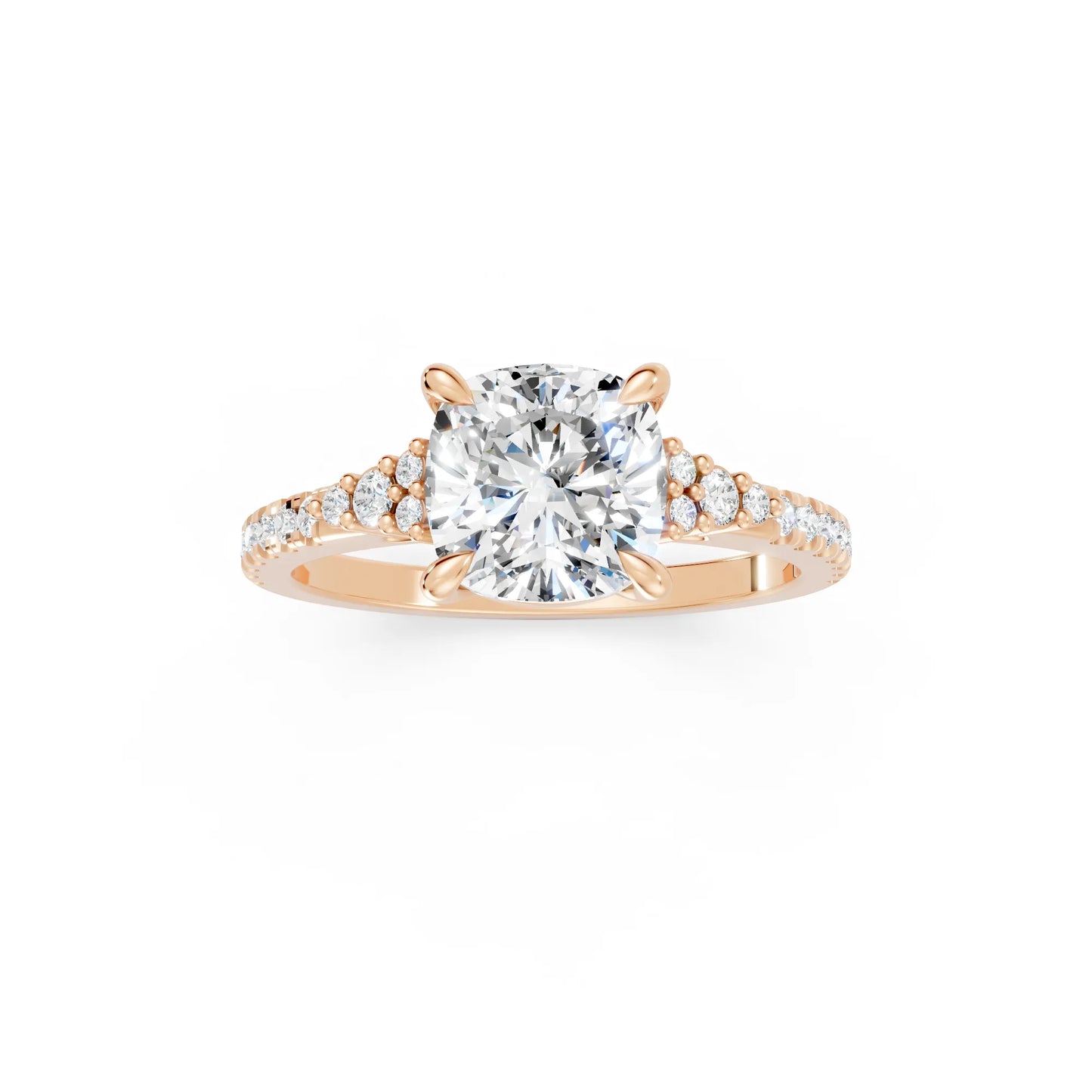 14K Gold Cushion Cut Diamond Side Cluster Cathedral Engagement Ring with Side Accents