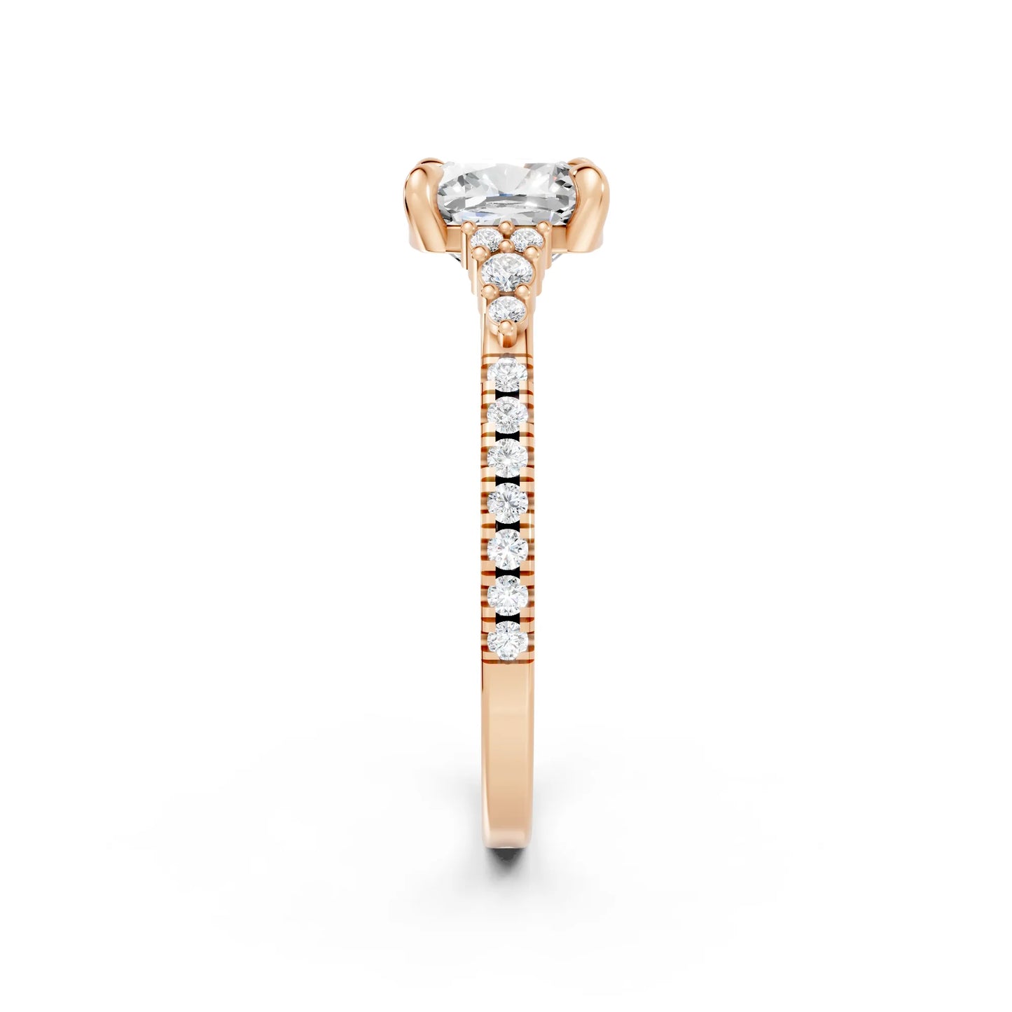 14K Gold Cushion Cut Diamond Side Cluster Cathedral Engagement Ring with Side Accents