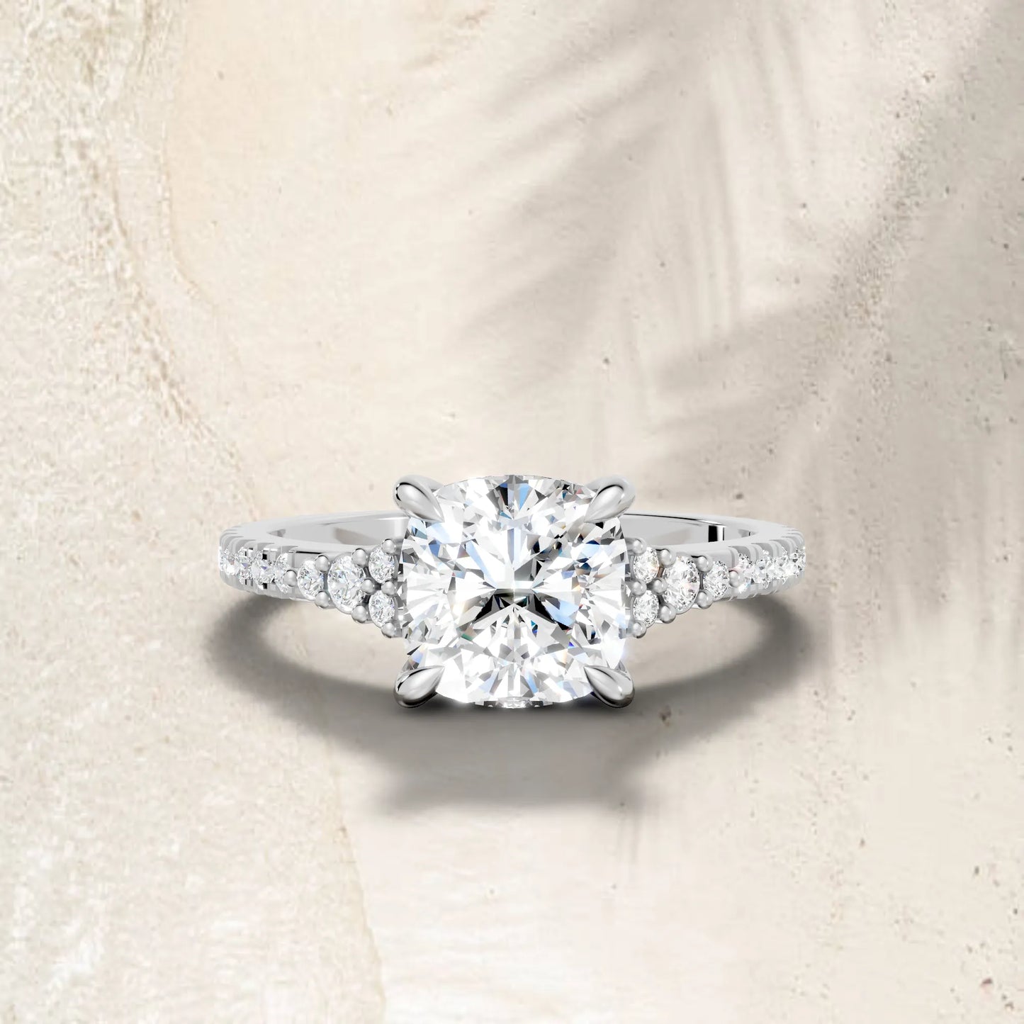 14K Gold Cushion Cut Diamond Side Cluster Cathedral Engagement Ring with Side Accents