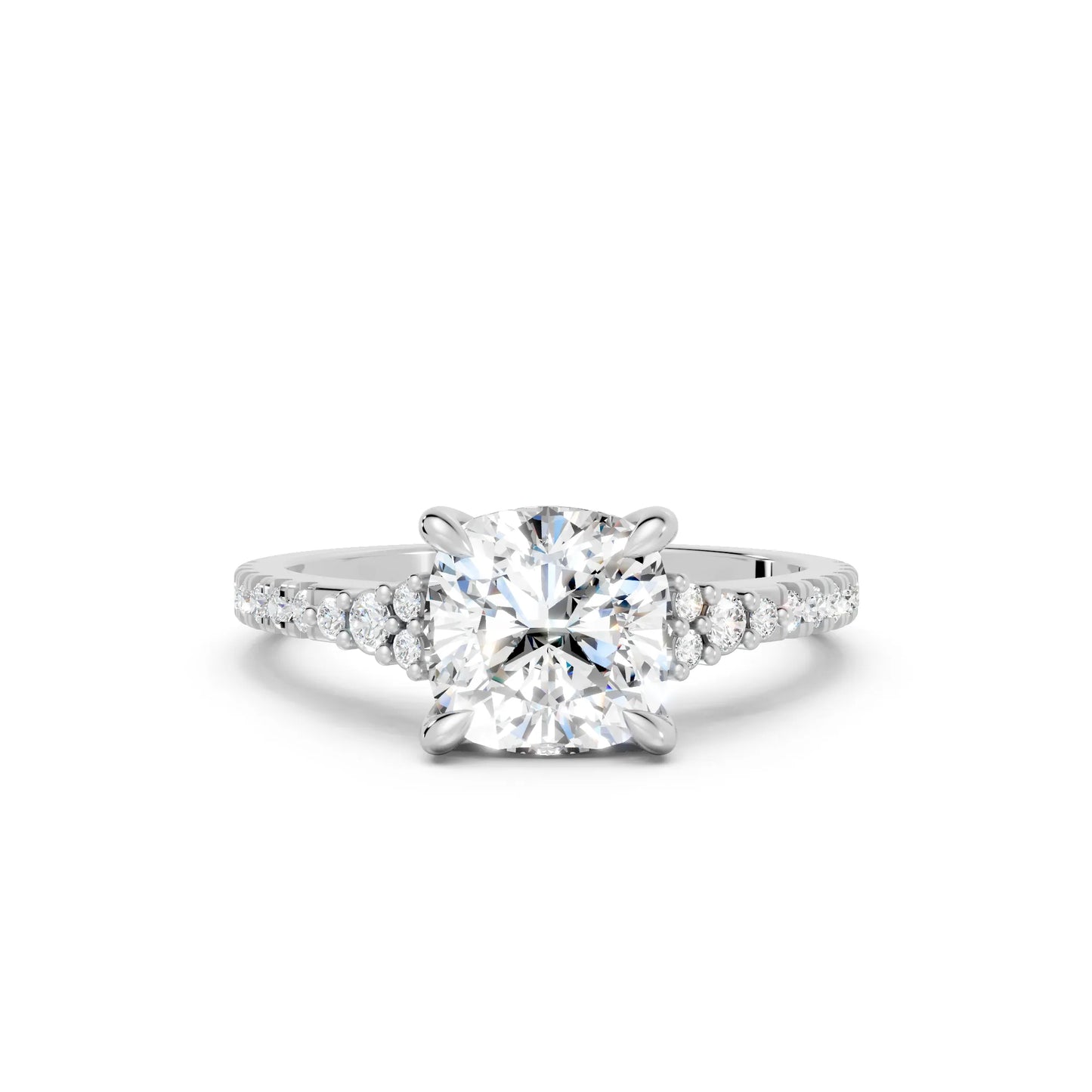 14K Gold Cushion Cut Diamond Side Cluster Cathedral Engagement Ring with Side Accents