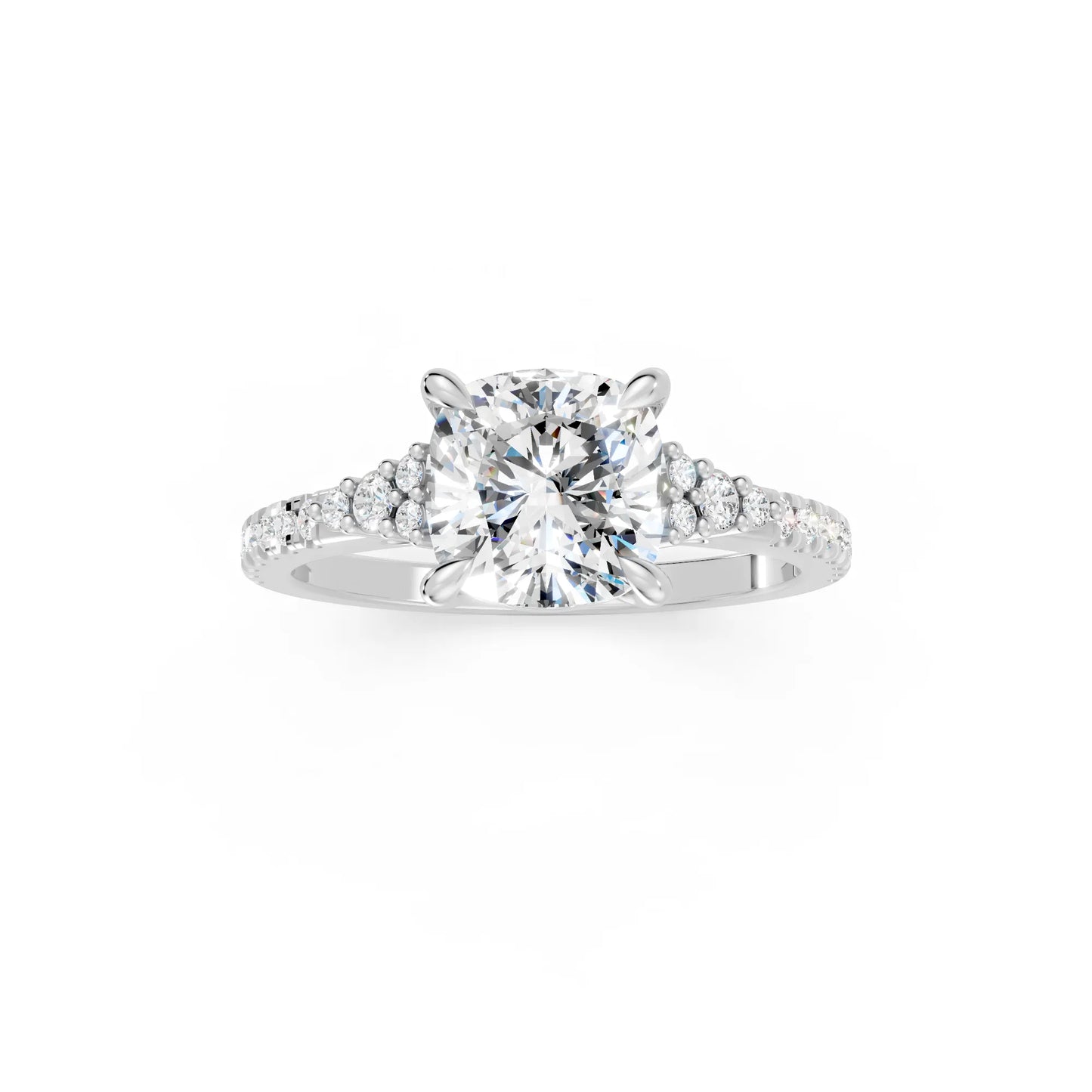14K Gold Cushion Cut Diamond Side Cluster Cathedral Engagement Ring with Side Accents