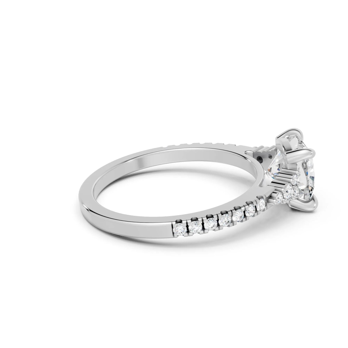 14K Gold Cushion Cut Diamond Side Cluster Cathedral Engagement Ring with Side Accents
