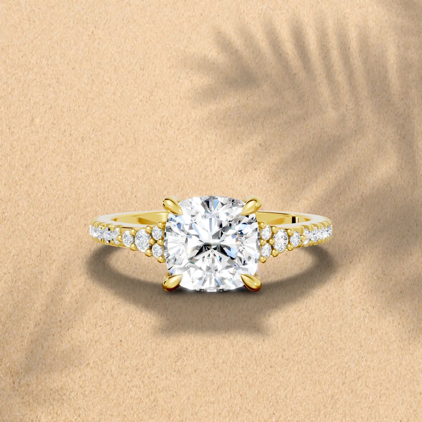 14K Gold Cushion Cut Diamond Side Cluster Cathedral Engagement Ring with Side Accents