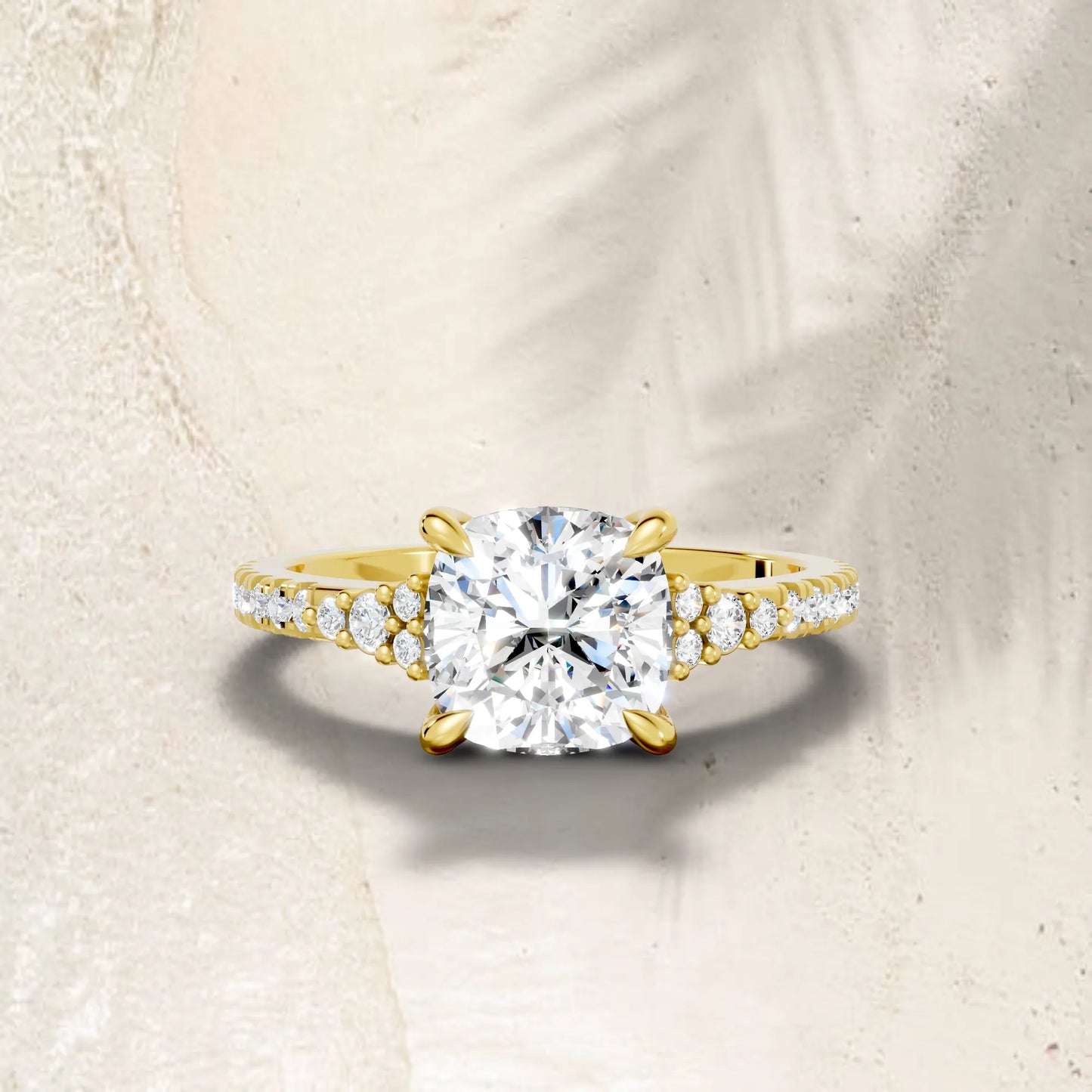 14K Gold Cushion Cut Diamond Side Cluster Cathedral Engagement Ring with Side Accents