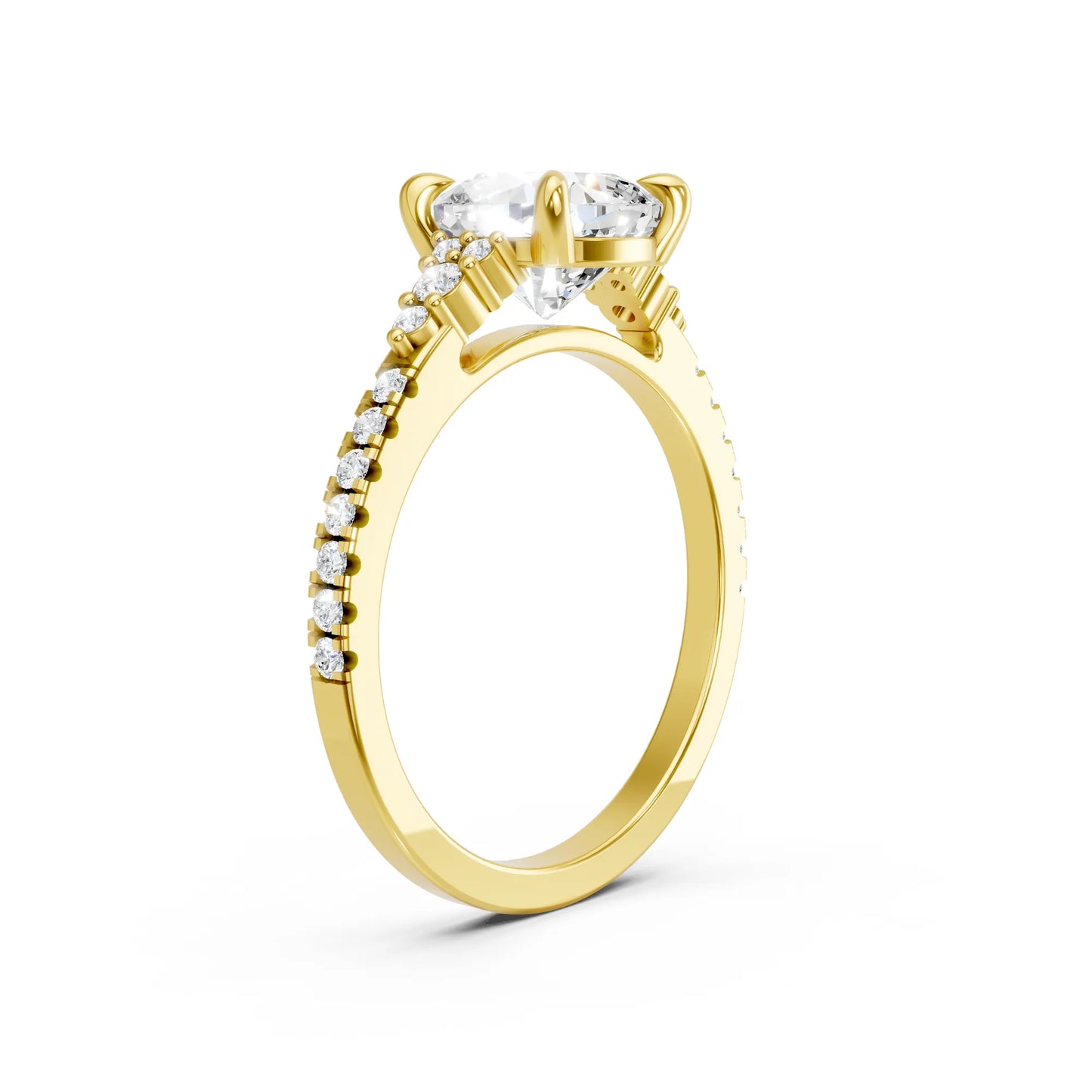 14K Gold Cushion Cut Diamond Side Cluster Cathedral Engagement Ring with Side Accents