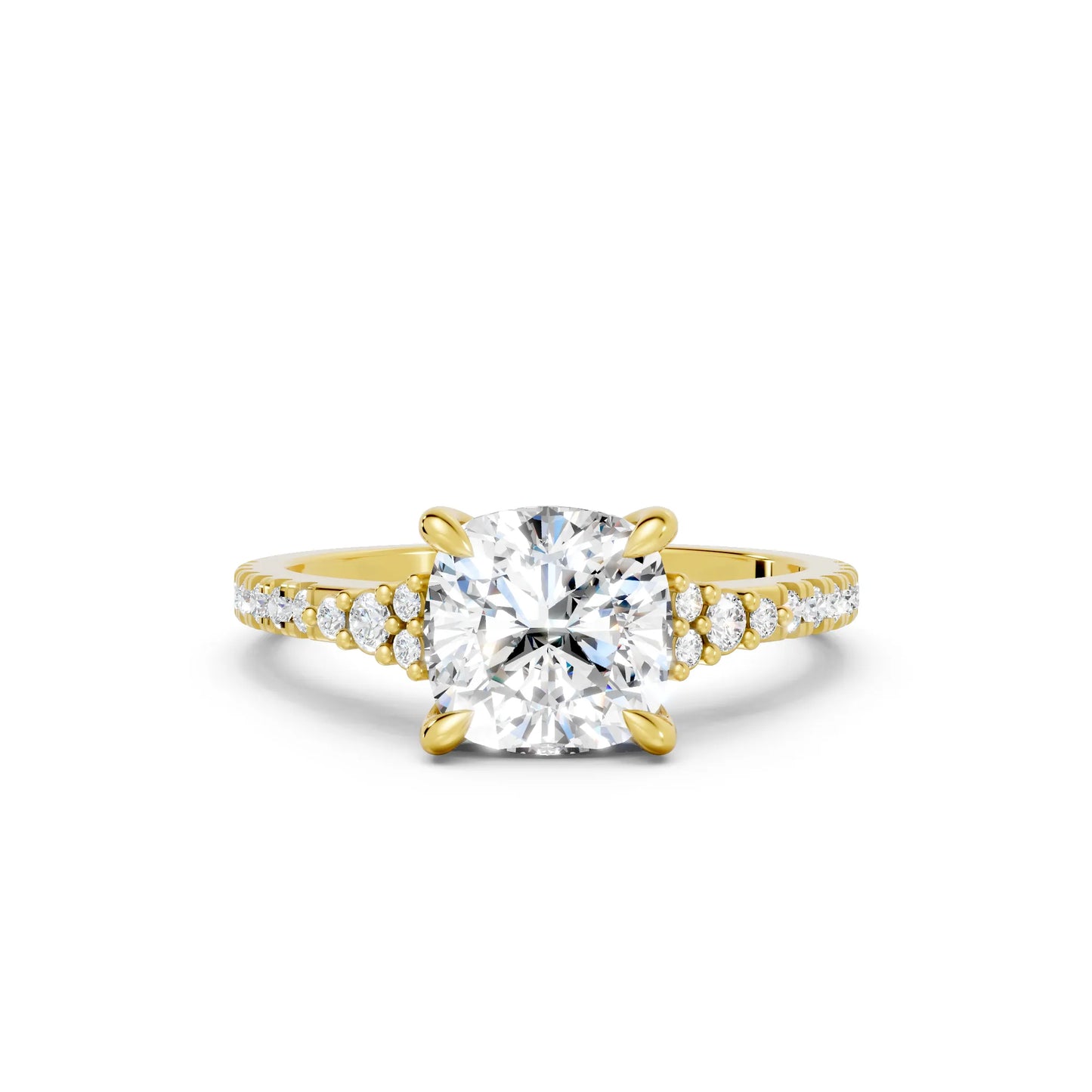 14K Gold Cushion Cut Diamond Side Cluster Cathedral Engagement Ring with Side Accents