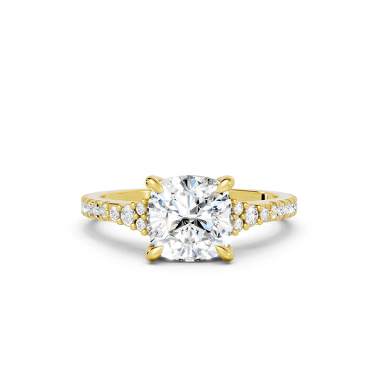 14K Gold Cushion Cut Diamond Side Cluster Cathedral Engagement Ring with Side Accents