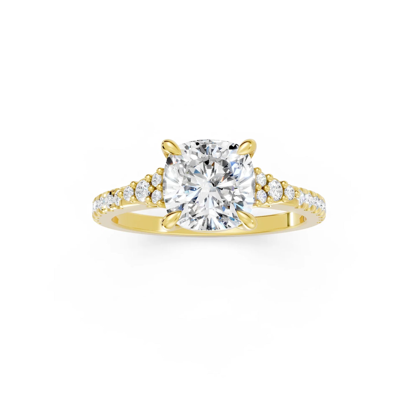 14K Gold Cushion Cut Diamond Side Cluster Cathedral Engagement Ring with Side Accents
