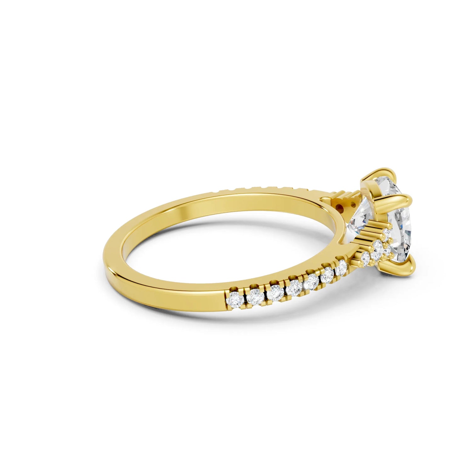 14K Gold Cushion Cut Diamond Side Cluster Cathedral Engagement Ring with Side Accents