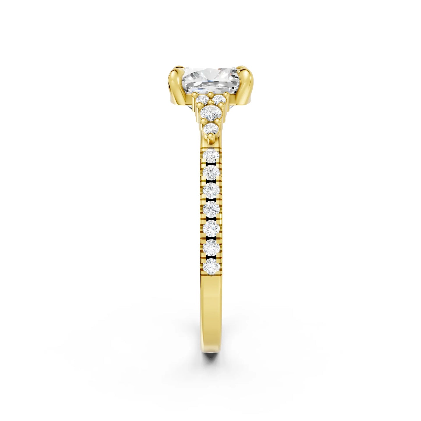 14K Gold Cushion Cut Diamond Side Cluster Cathedral Engagement Ring with Side Accents