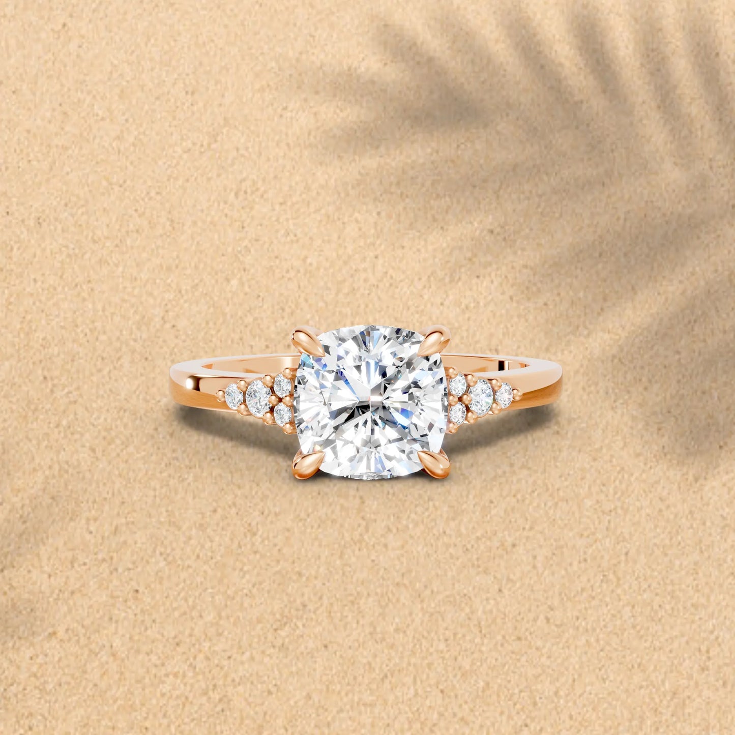 14K Gold Cushion Cut Diamond Side Cluster Cathedral Engagement Ring