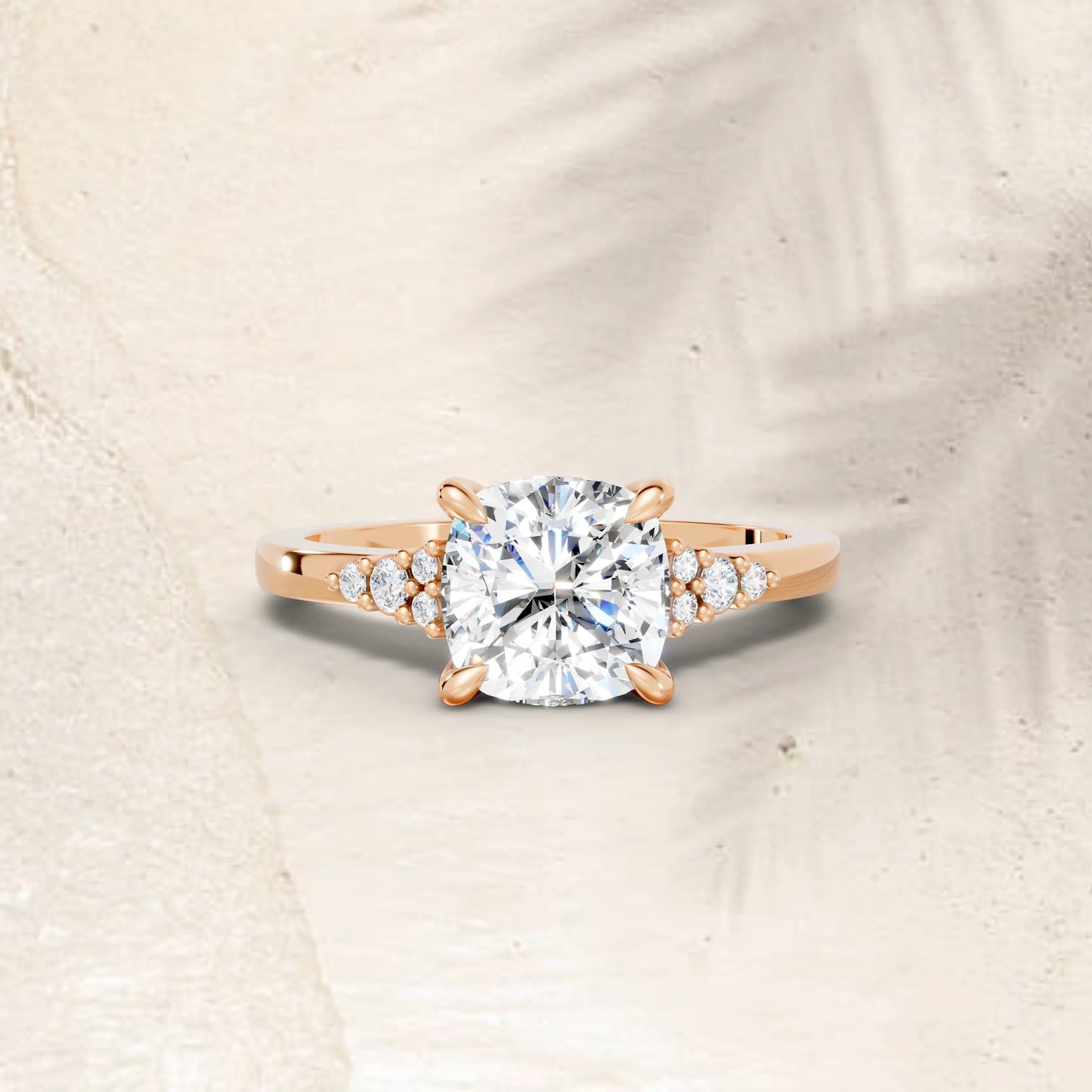 14K Gold Cushion Cut Diamond Side Cluster Cathedral Engagement Ring