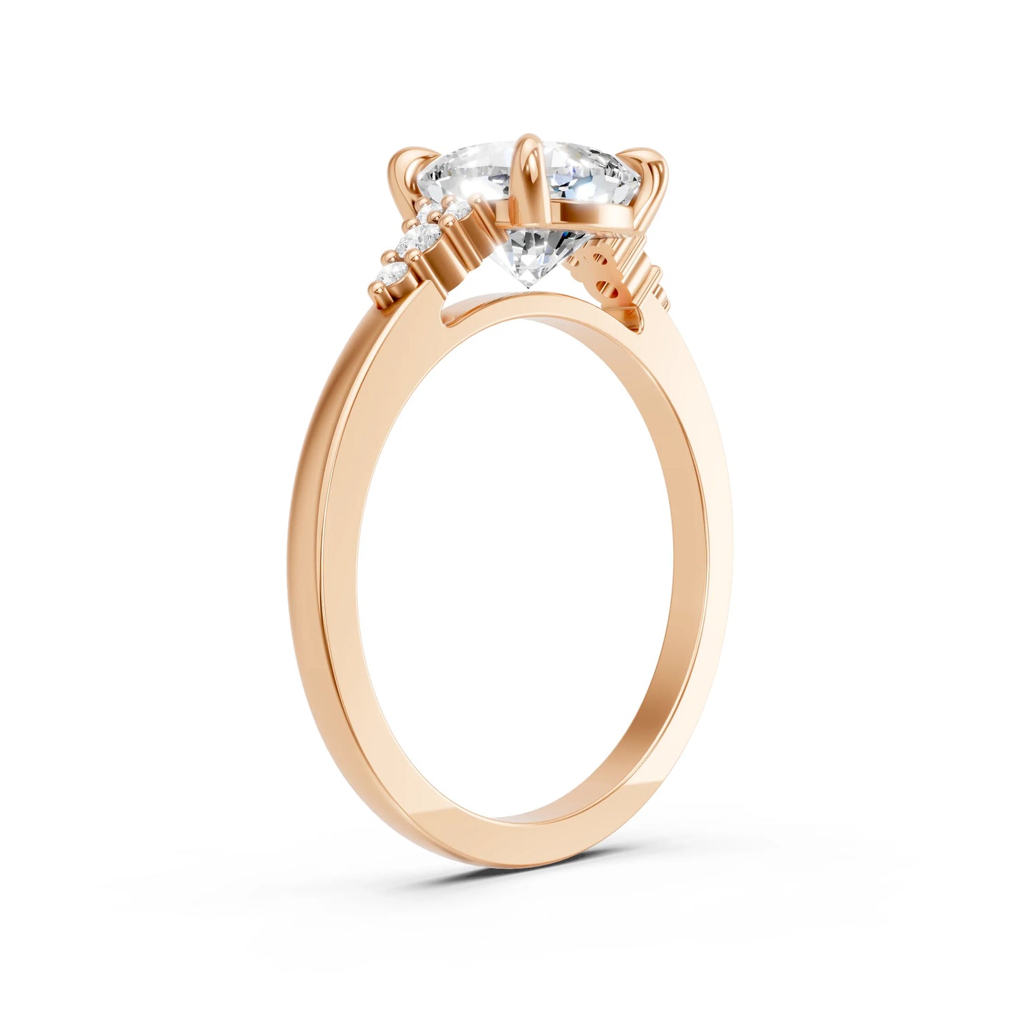 14K Gold Cushion Cut Diamond Side Cluster Cathedral Engagement Ring