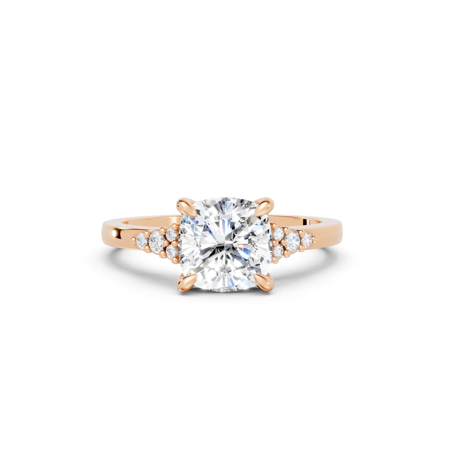 14K Gold Cushion Cut Diamond Side Cluster Cathedral Engagement Ring