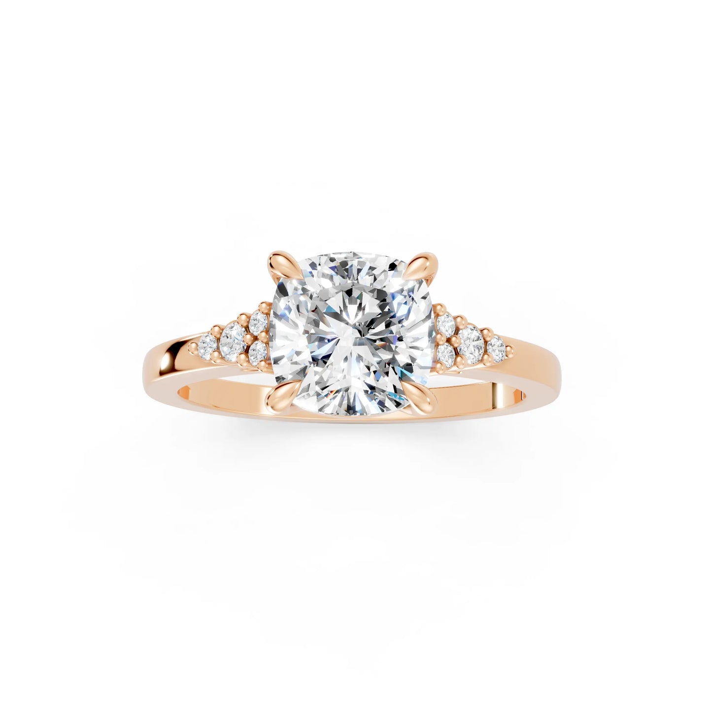 14K Gold Cushion Cut Diamond Side Cluster Cathedral Engagement Ring