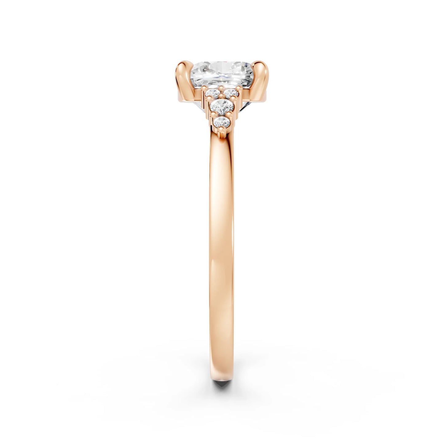 14K Gold Cushion Cut Diamond Side Cluster Cathedral Engagement Ring