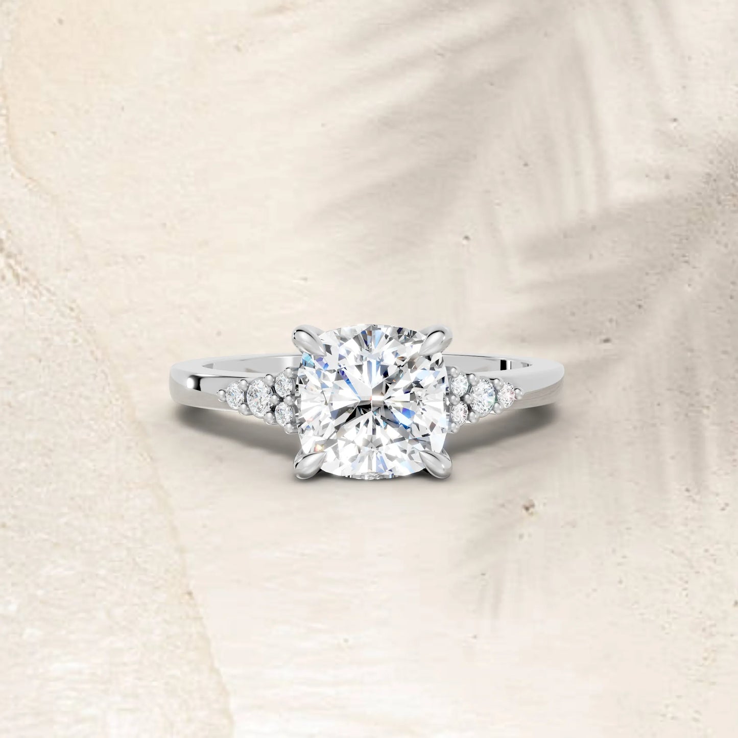 14K Gold Cushion Cut Diamond Side Cluster Cathedral Engagement Ring