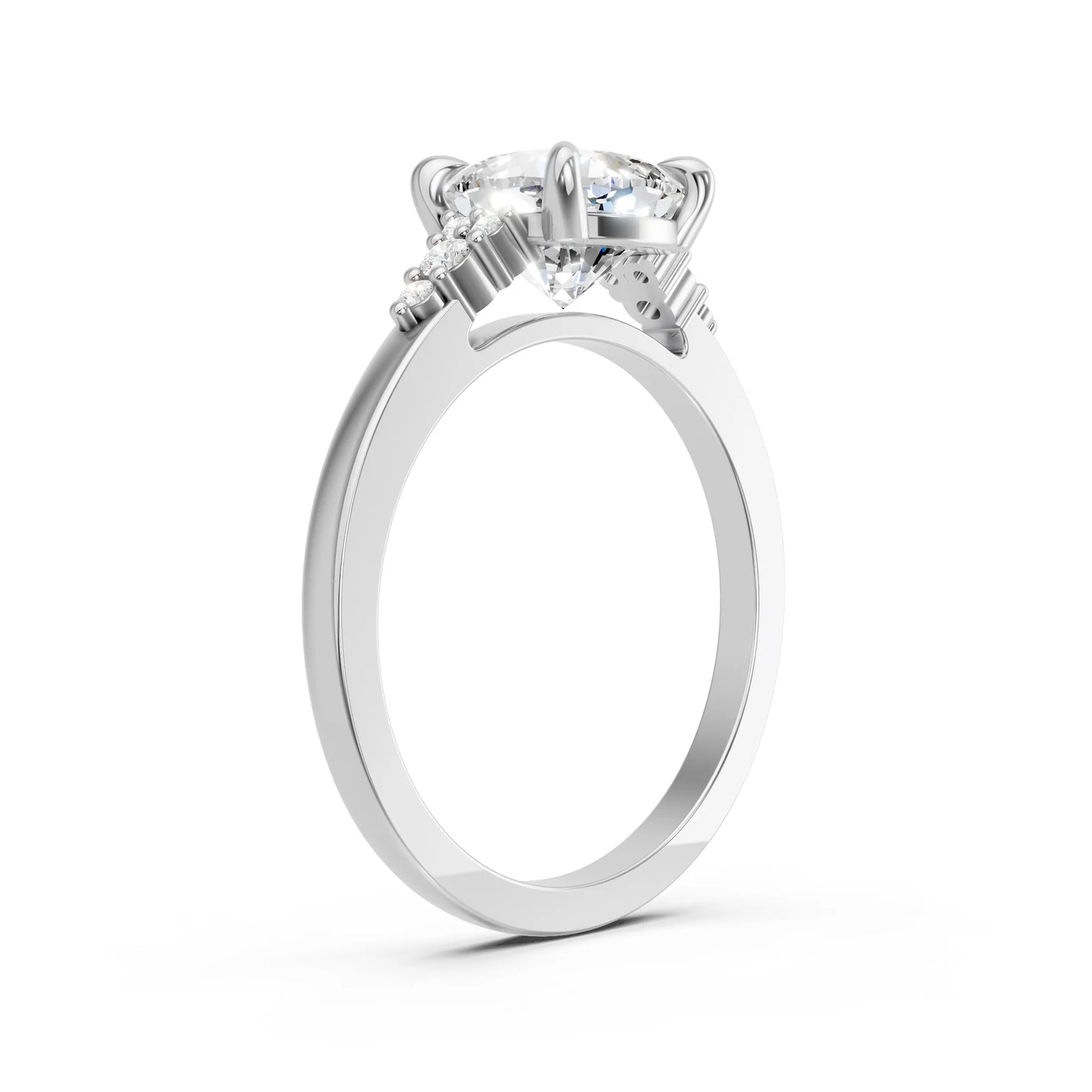 14K Gold Cushion Cut Diamond Side Cluster Cathedral Engagement Ring