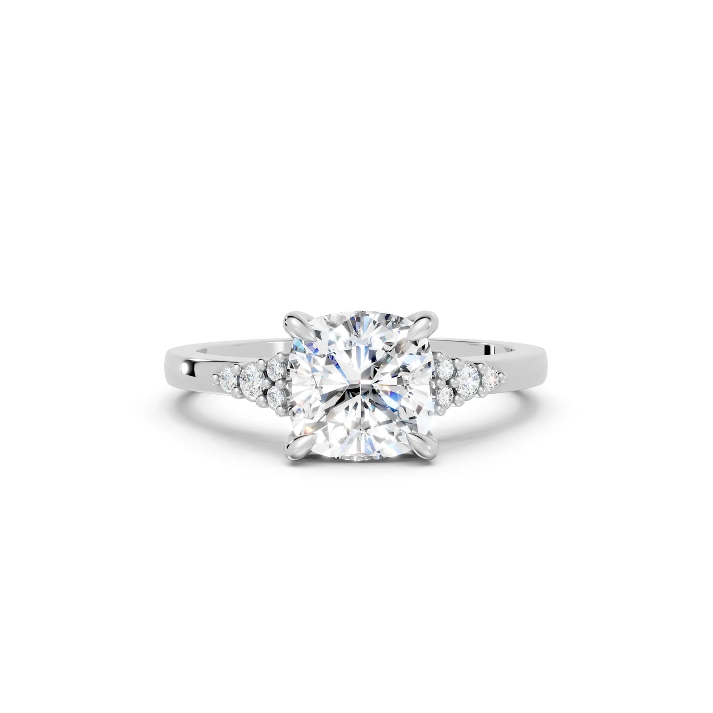 14K Gold Cushion Cut Diamond Side Cluster Cathedral Engagement Ring