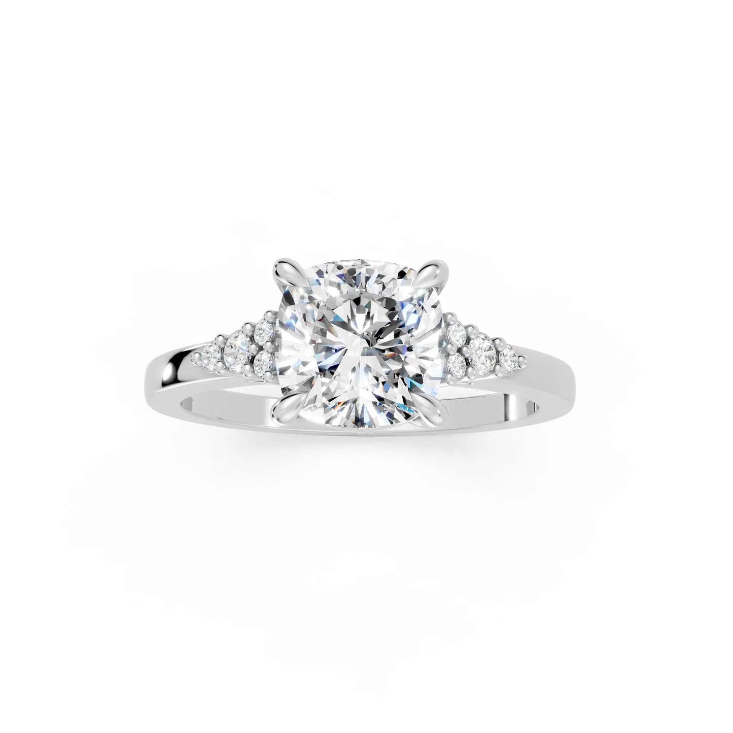 14K Gold Cushion Cut Diamond Side Cluster Cathedral Engagement Ring